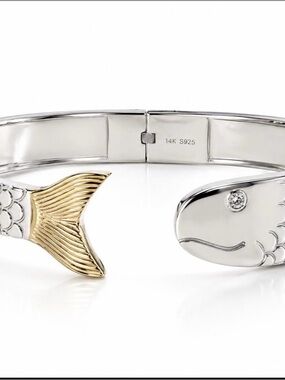 Cape Cod Two-Tone Sterling Silver and 14K Gold Fish Bangle with Diamond Eye